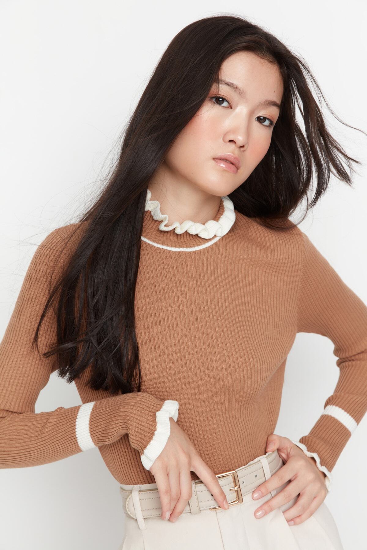 Trendyol Collection Kamelfarbener Strickpullover mit Blockfarbenmuster TWOAW22KZ1250