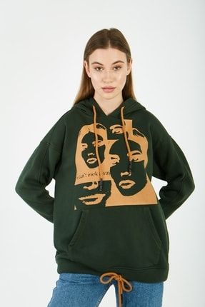 Baskılı Kapüşonlu Yeşil Kahverengi Sweatshirt | 160408-b-1 PRA-6491041-895439