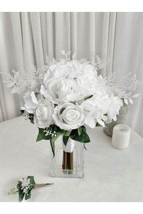 Yeni Sezon Beyaz Kar Tanesi Gelin Çiçeği Gelin Buketi Ve Damat Yaka Çiçeği Özel Tasarım PaPartiBkt00037