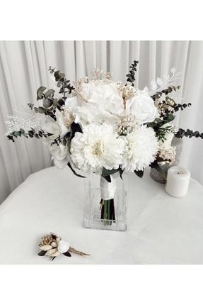 Yeni Sezon Okaliptuslu Beyaz Aranjman Gelin Çiçeği Gelin Buketi Ve Damat Yaka Çiçeği Özel Tasarım PaPartiBkt00036