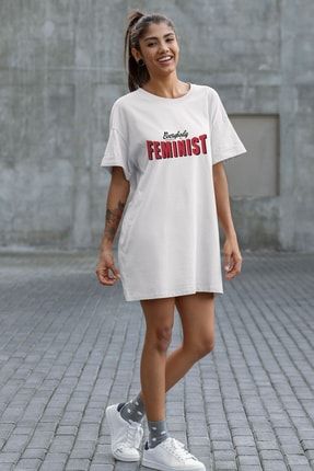 Everybody Should Be Feminist Beyaz Kadın Pamuklu Tişört Elbise YNA0583KTD1113BEYAZ