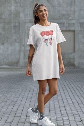My Love Kalp Ve Ok Beyaz Kadın Pamuklu Tişört Elbise YNA0309KTD569BEYAZ