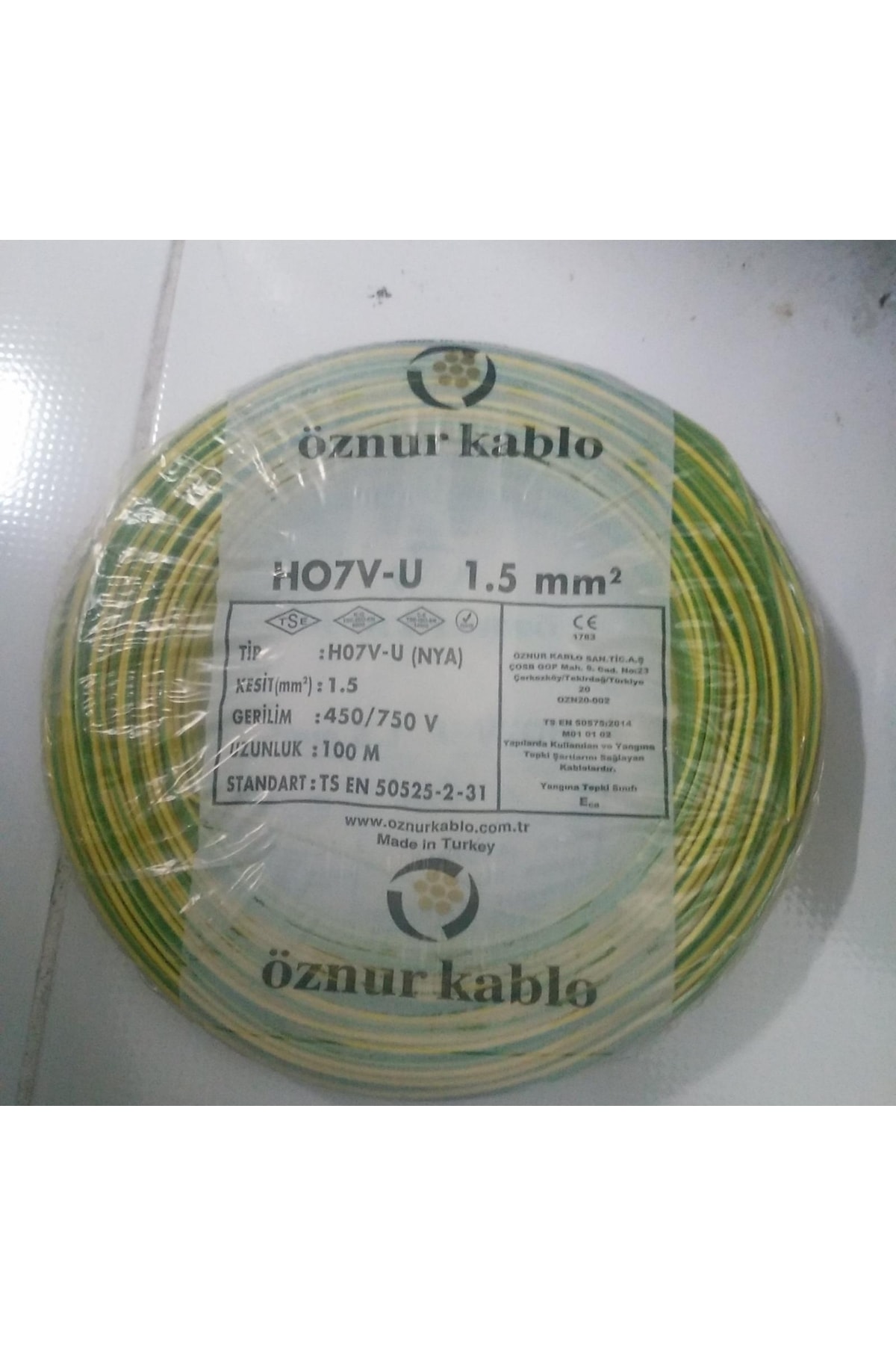 ÖZNUR 1,5luk Nya Kablo 100mt Sarı Yeşil