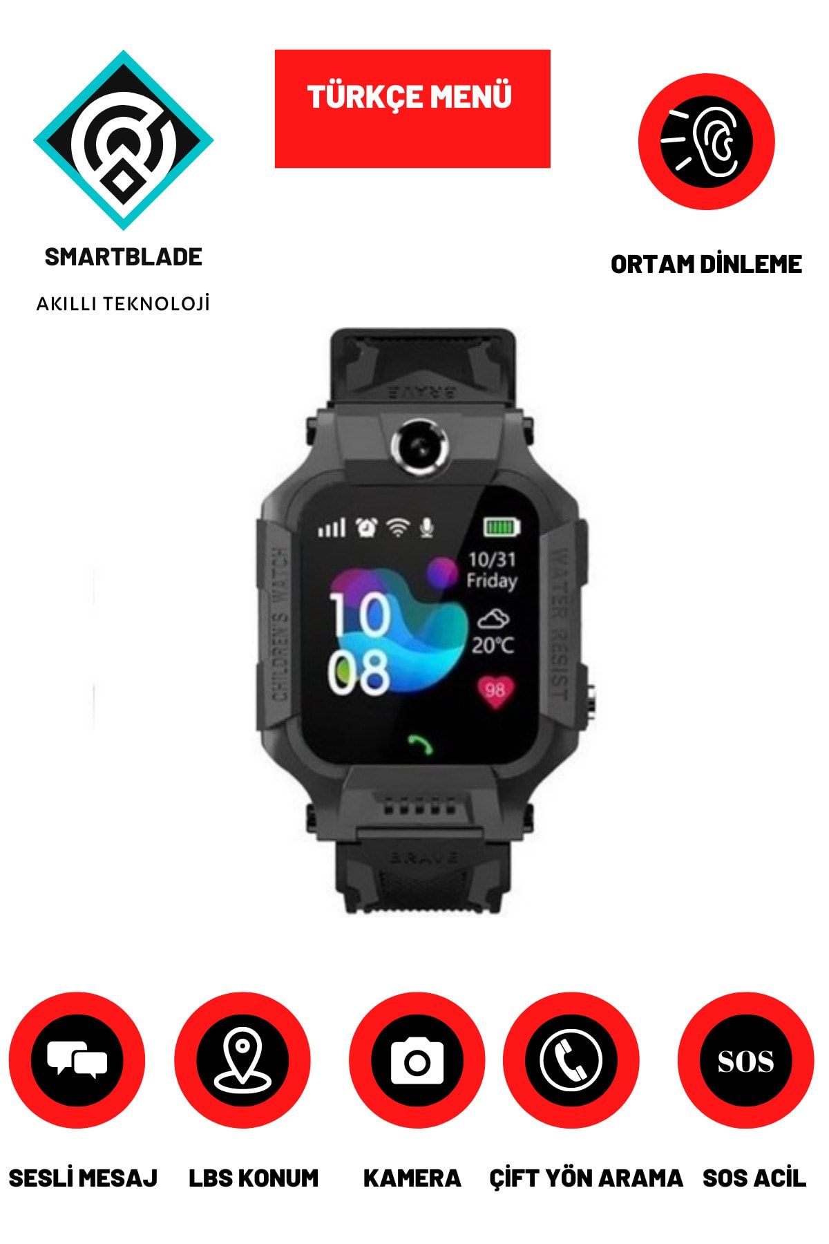SmartBlade Çocuk Konum Takipli Arama Sim Kart Girişli Lbs Ve Sos Özellikli Akıllı Çocuk Saati-siyah