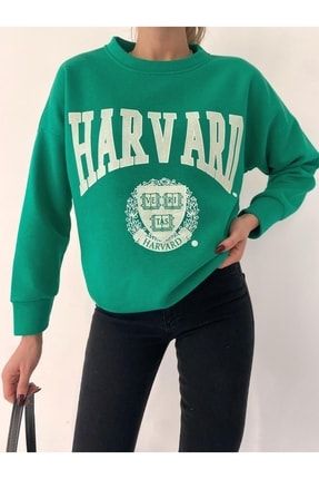 Mooi Butik Harvard Baskılı Oversize Sweatshirt - Yeşil T2498