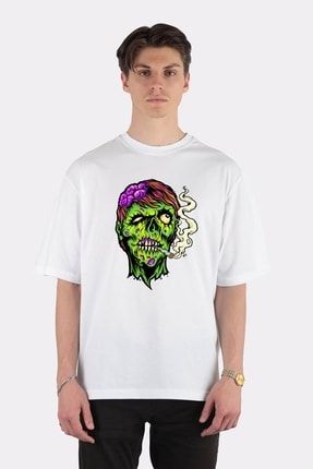 Unisex Beyaz Oversize T-shirt Zombie Head Smoking Weed TT1554