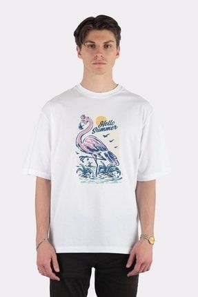 Unisex Beyaz Oversize T-shirt Hello Summer Flamingo TT1243