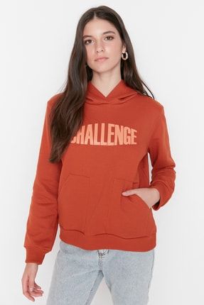 Kiremit Basic Kapüşonlu Kalın İçi Polarlı Örme Sweatshirt TWOAW23SW00281