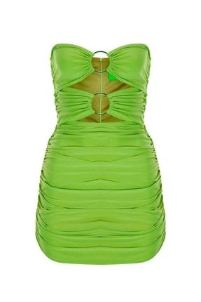 Yeşil Göğüsten Iki Halkalı Büzgü Straplez Drapeli Mini Abiye Elbise WCLGİHBSDMAE