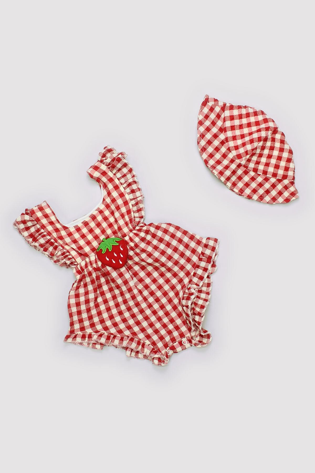 Peki Yazlık Kız Bebek %50 Pamuk %50 Polyester Çilek Figür Takım 2li Tulum Romper Şapka 13347
