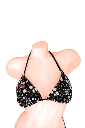 Kadın Siyah Üçgen Papatya Çiçek Desenli Bikini Üst BK2020KB0055