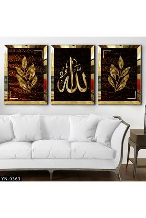 Allah Cc-yaprak Çizim - Gold Ayna Çerçeveli Tablo 3'lü Set-hyn-0363 HYN-0363