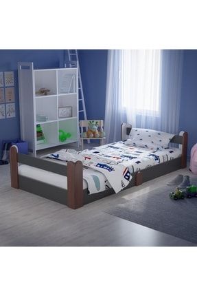 Montessori Karyola Antrasit Rustik Ceviz 90x190 Yatak Uyumlu Oval Kesim Çocuk Yatağı TLP601