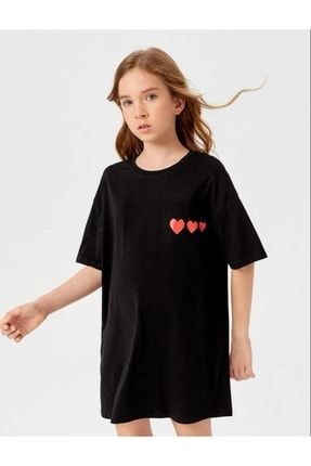 Kız Çocuk Siyah Oversize Kalpli Baskılı Tshirt Elbise kalplielbise
