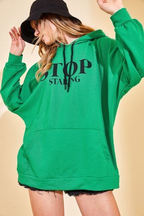 Kadın Yeşil Yazılı Oversize Kapüşonlü Sweatshirt 2YZK8-12908-08