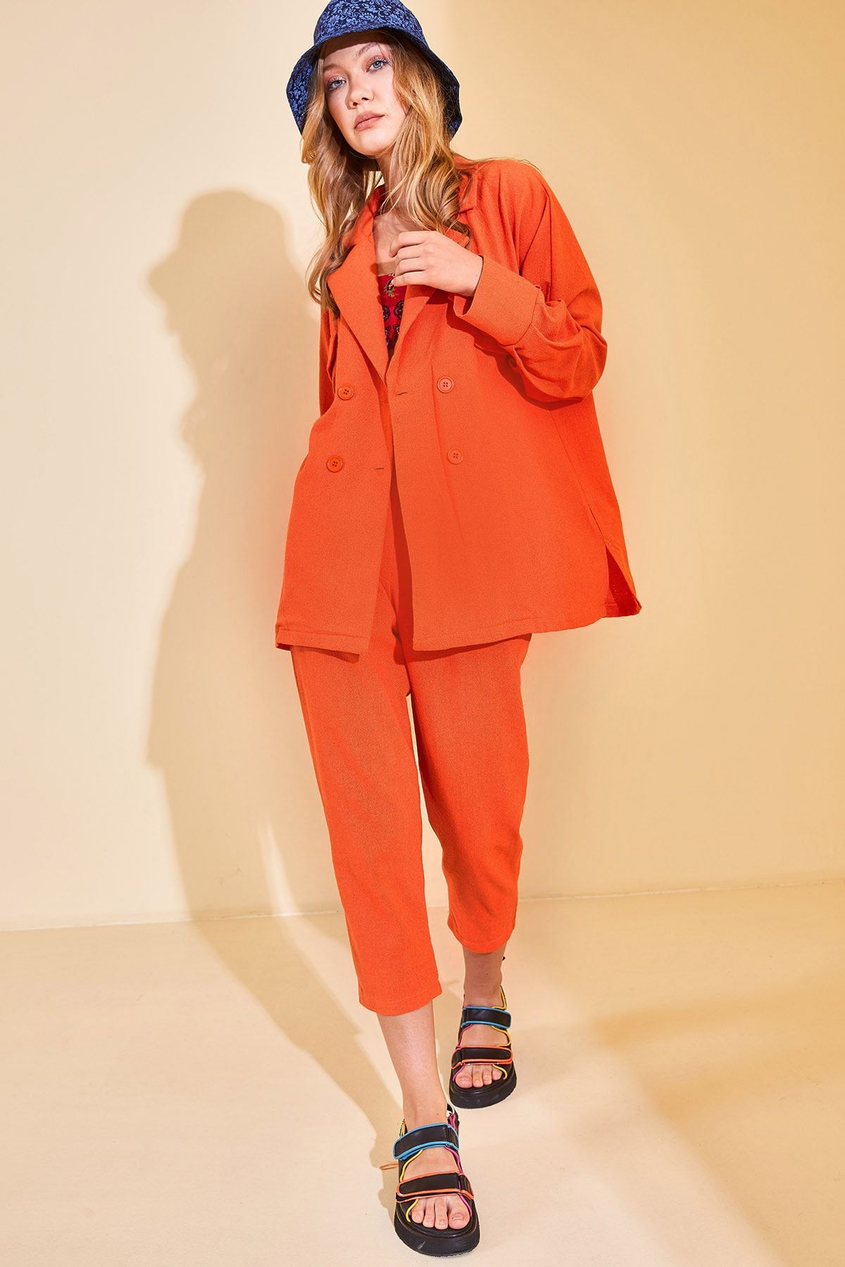 XHAN-Orangefarbener zweireihiger Leinenanzug für Damen mit Kragen 2YZK8-12872-11 7