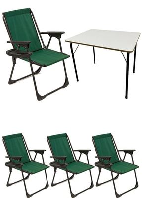 4 Adet Kamp Sandalyesi Katlanır Piknik Sandalye Oval Bardaklıklı Yeşil Katlanır Mdf Masa mnv_4KPSOBMDF