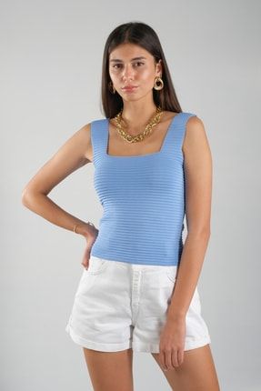 Kadın Esnek Triko Kumaş Askılı Kare Yaka Crop Bluz ABR-002328
