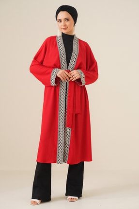 5865 Nakışlı Örme Uzun Kimono - Kırmızı 5865BGD19
