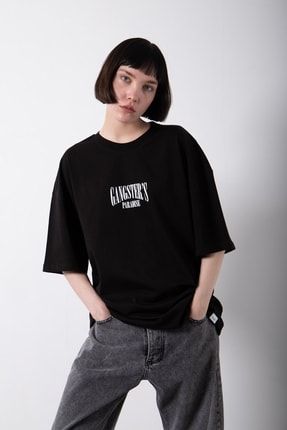 Oversize Gangster's Baskılı Pamuklu T-shirt Siyah M1708