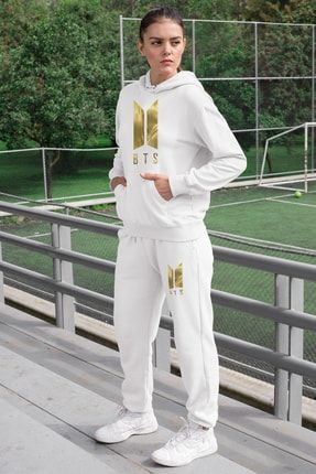 Bts Kore Kadın Eşofman Takımı Beyaz Kapşonlu Sweatshirt Beyaz Eşofman Altı YNA0160ETK1