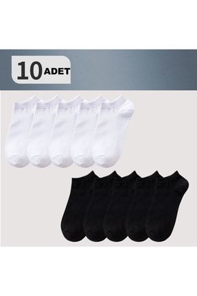 10 Çift Pamuklu Dikişsiz Siyah-beyaz Erkek Patik Çorap Bilek Boy TYC00490890063