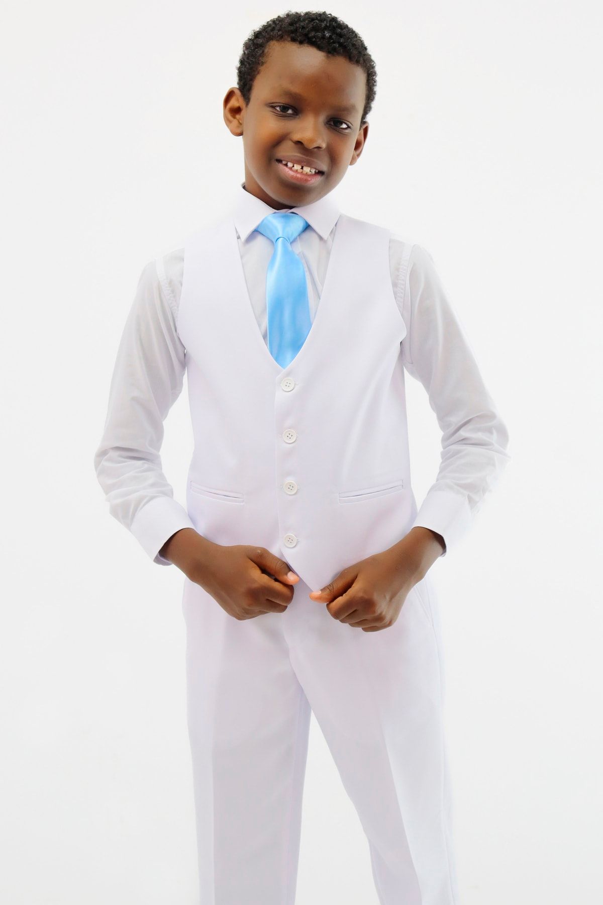 SIRRI-Boy's 3-Piece White Suit Jacket Vest Pants 8