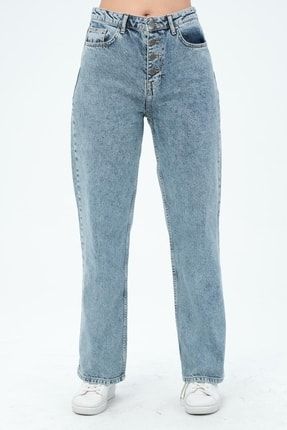 Kadın Önden Düğmeli Yüksek Bel Wideleg Jeans Açık Mavi 131EXPJ
