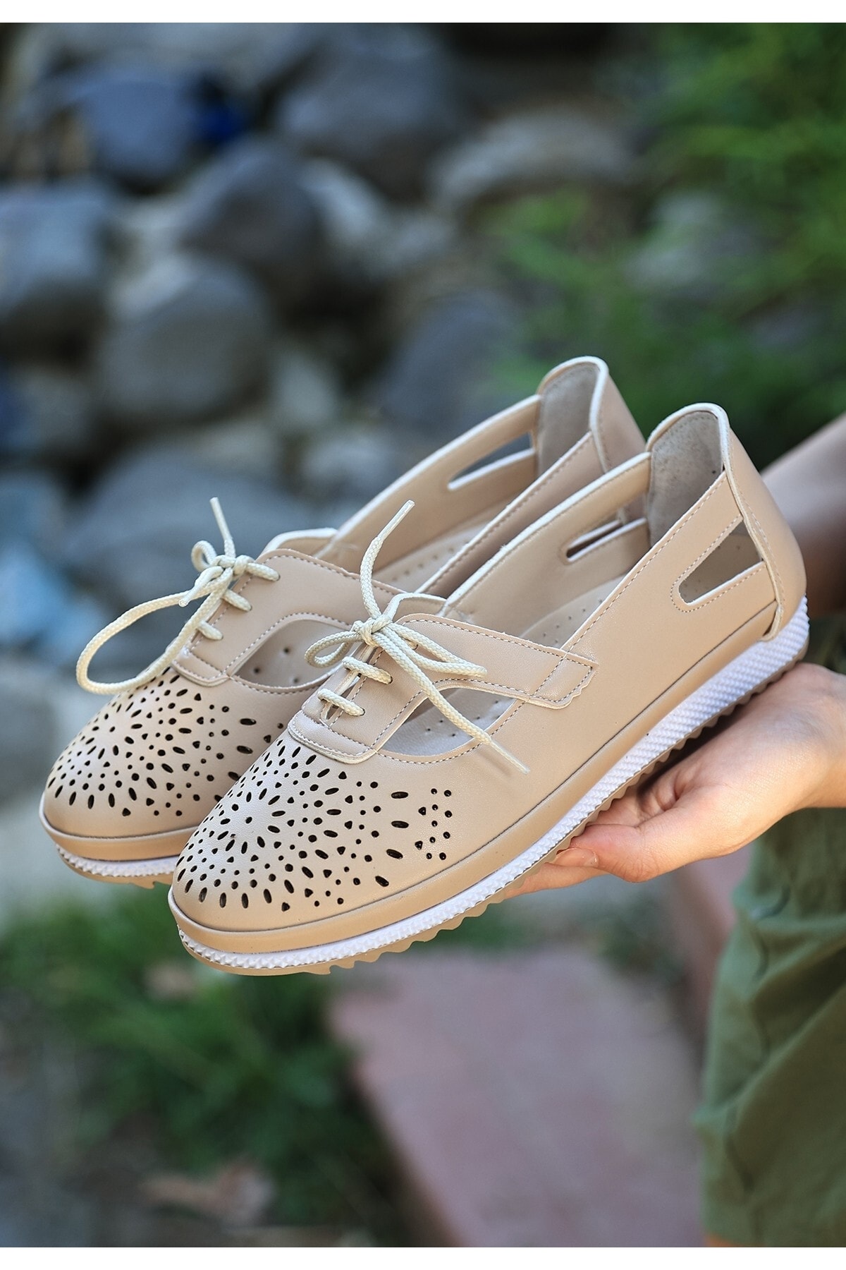 Kadın Krem Ciol Krem Cilt Babet Ayakkabı
