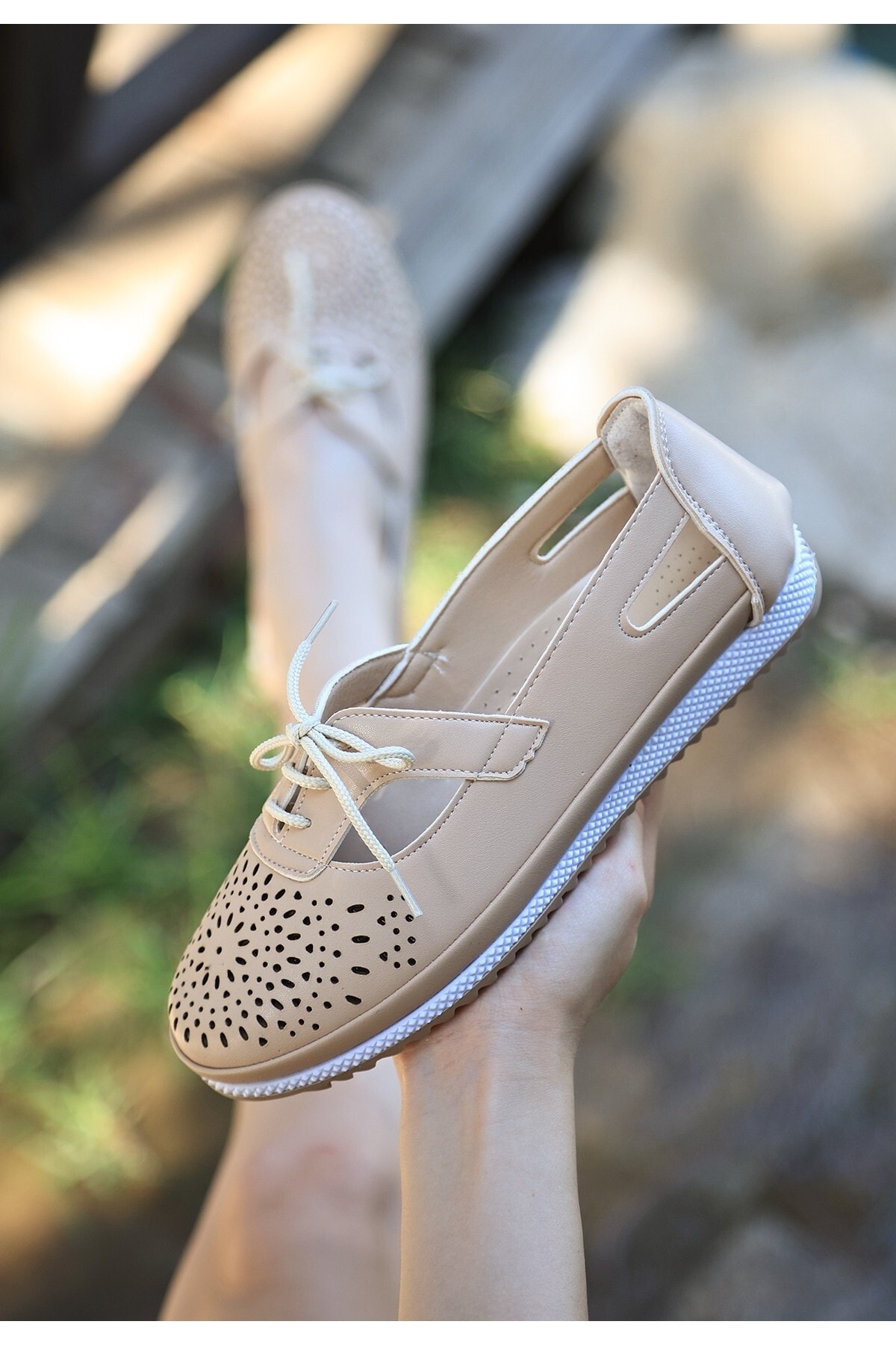 Kadın Krem Ciol Krem Cilt Babet Ayakkabı