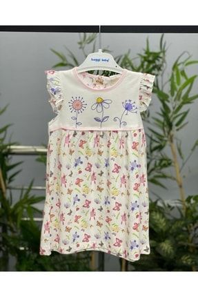 1-6 Yaş Kız Çocuk Kelebek Gecelik Elbise,yaka Arkası Çıtçıtlı,kolu Fırfır Detaylı LKCE1000134