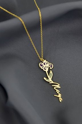 925 Ayar Gümüş Gold Kaplama Özel Tasarım Mineli Doğum Şubat Ayı Çiçeği, Isim Kolye UVPTS100532