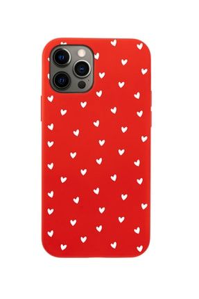 Iphone 12 Pro Minik Kalpler Beyaz Tasarımlı Kırmızı Telefon Kılıfı BCIPH12PMNKKLPBYZ
