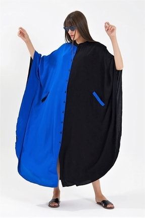 Kadın Siyah Mavi Renk Bloklu Cepli Sırtı Balık Nakışlı Oversize Uzun Elbise EUWSB2932