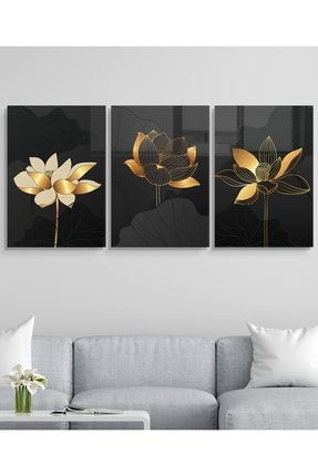 Cam Tablo Ev Ve Duvar Dekorasyonu Gold Çiçekler 3'lü Set RG-RG-1082