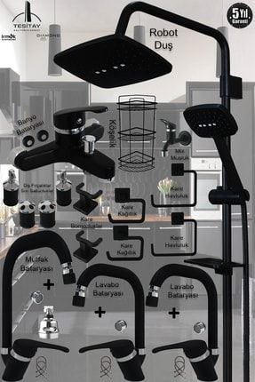Mutfak Lavabo Banyo Bataryası Siyah Renk Robot Duş Musluk Armatür Banyo Seti Eviye Bataryası VB5-BTYY