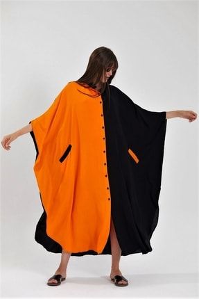 Kadın Siyah Turuncu Renk Bloklu Cepli Sırtı Balık Nakışlı Oversize Uzun Elbise EUWSB2932