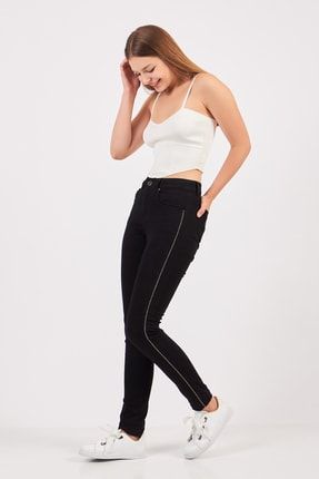 Kadın Kot Pantolon Siyah Jeans Skinny Yanı Taşlı Yüksek Bel Cepli TMBR22CJ4