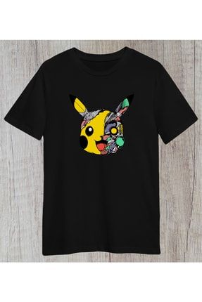 Pikachu Pokemon Çizgi Film Anime Yarı Yüz Robot Sevgili Hediye Tasarım Unisex Regular Tshirt PKACHUX7Z8