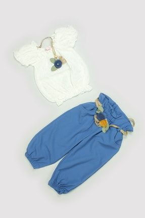 Yazlık Kız Minik Polyester Gül Kolyeli Kolye & Bluz & Pantolon 3 Parça Takım 13304