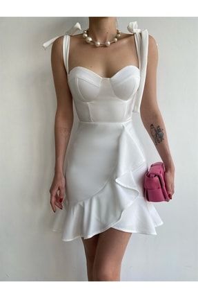 Bağlamalı Volanlı Elbise Beyaz ANG-Mia-6397