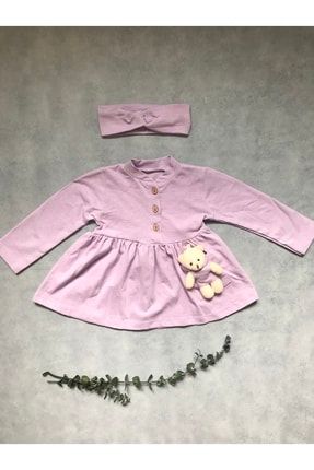 Ayıcıklı Bandanalı Düğmeli Uzun Kollu Mevsimlik %100 Pamuk Penye Kız Bebek Elbise Ayıcıklı Elbise