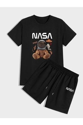 Oversize Nasa Baskılı Tshirt Penye Ince Baskılı Şort Spor Takım NASA AYICIK