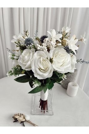 Yeni Sezon Beyaz Gül Aranjman Gelin Çiçeği Gelin Buketi Ve Damat Yaka Çiçeği Özel Tasarım PaPartiBkt00044