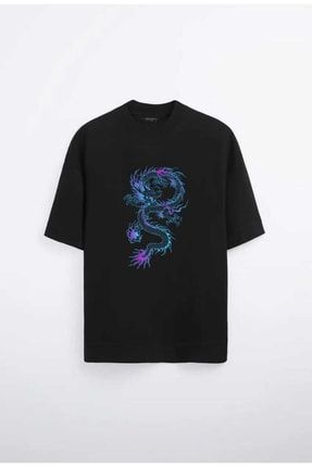 Ejderha - Dragon Desenli Oversize Siyah - Beyaz T-shirt ejderha