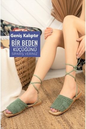 Kadın Bağlamalı Sandalet Mint Yeşili Yeni Sezon Dantel Örgü Ipli Bilekten Bağlamalı Rahat Sandalet ZS1009