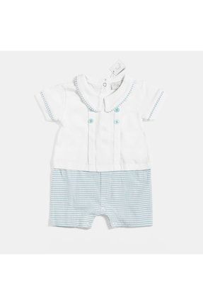 Erkek Bebek Yenidoğan Düğme Detaylı Çıtçıtlı Bebe Yaka Beyaz Mavi Çizgili Bebek Tulumu 2804 ENTV-HB2804002