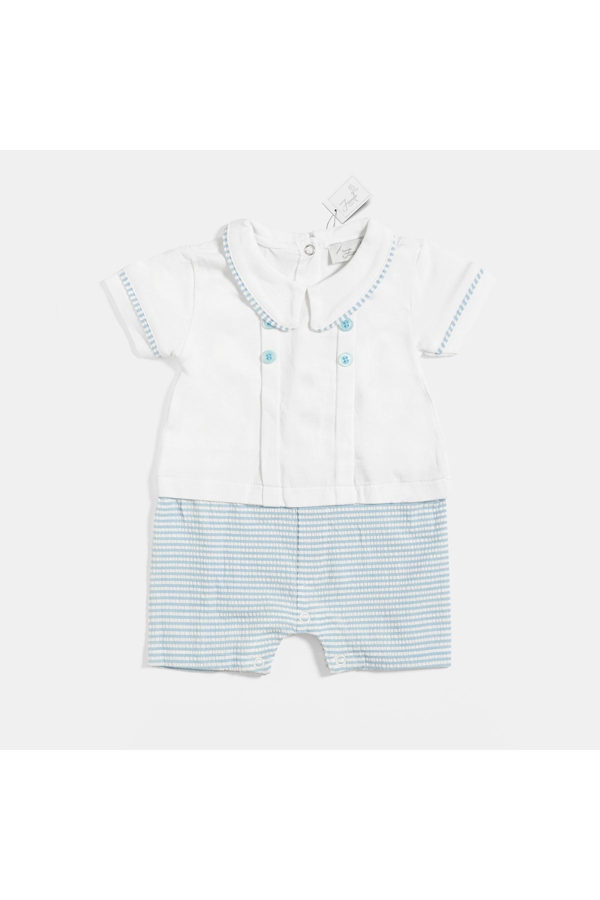FİORELLA BİGOBABY Erkek Bebek Yenidoğan Düğme Detaylı Çıtçıtlı Bebe Yaka Beyaz Mavi Çizgili Bebek Tulumu 2804