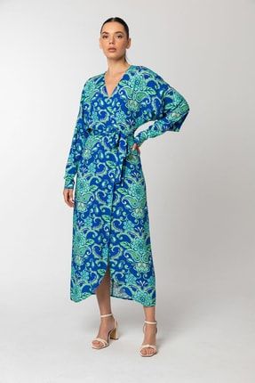 Kadın Bel Kuşaklı Bağlamalı Kimono Elbise Mavi EK6011