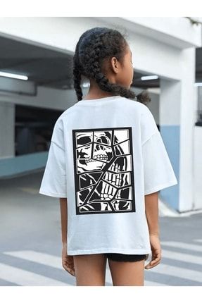 Çocuk Oversize Unisex Parçalı Iskelet Baskılı Pamuklu Bisiklet Yaka T-shirt parcalııskeletbaskı